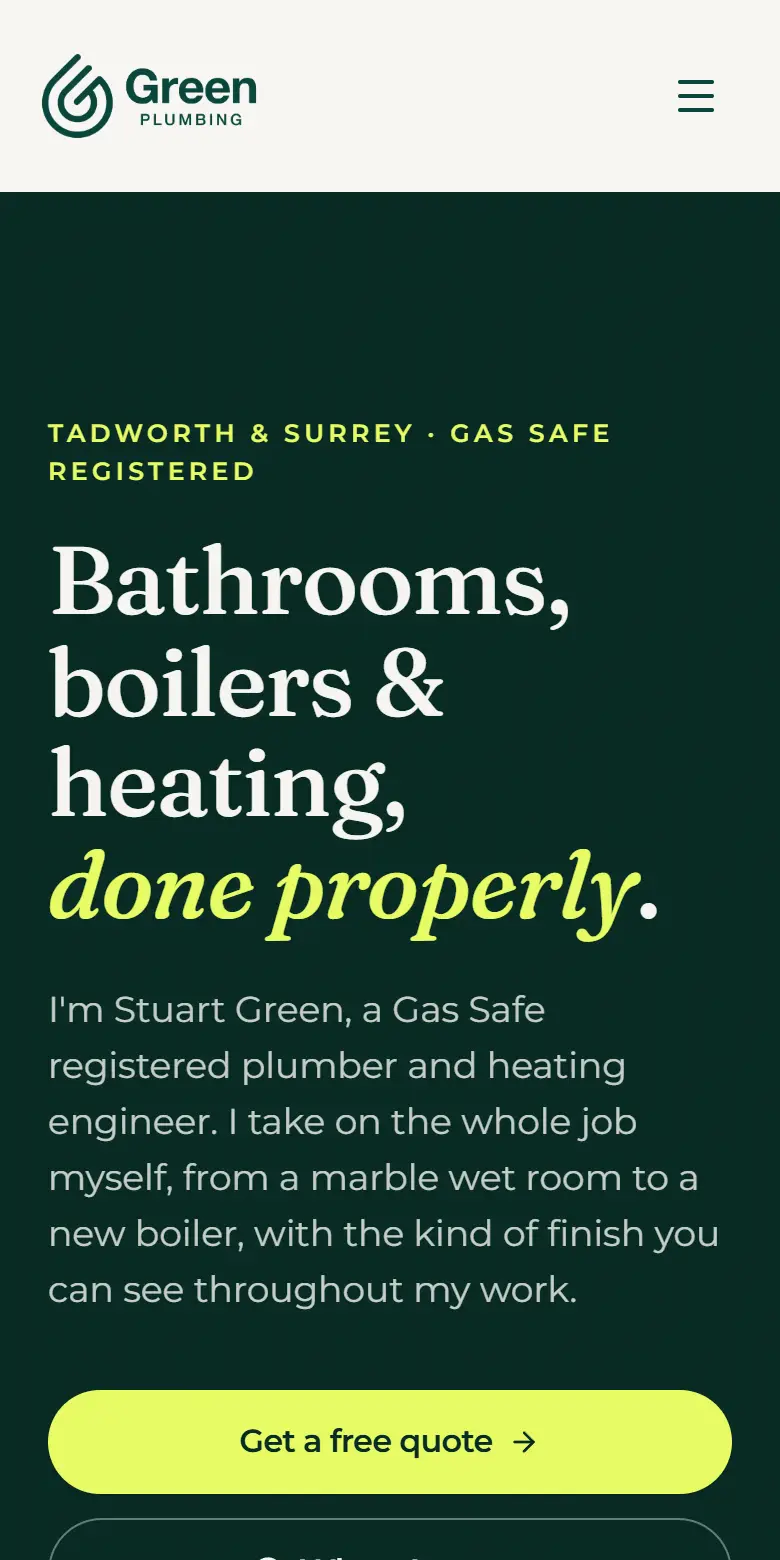Green Plumbing & Heating website on a phone