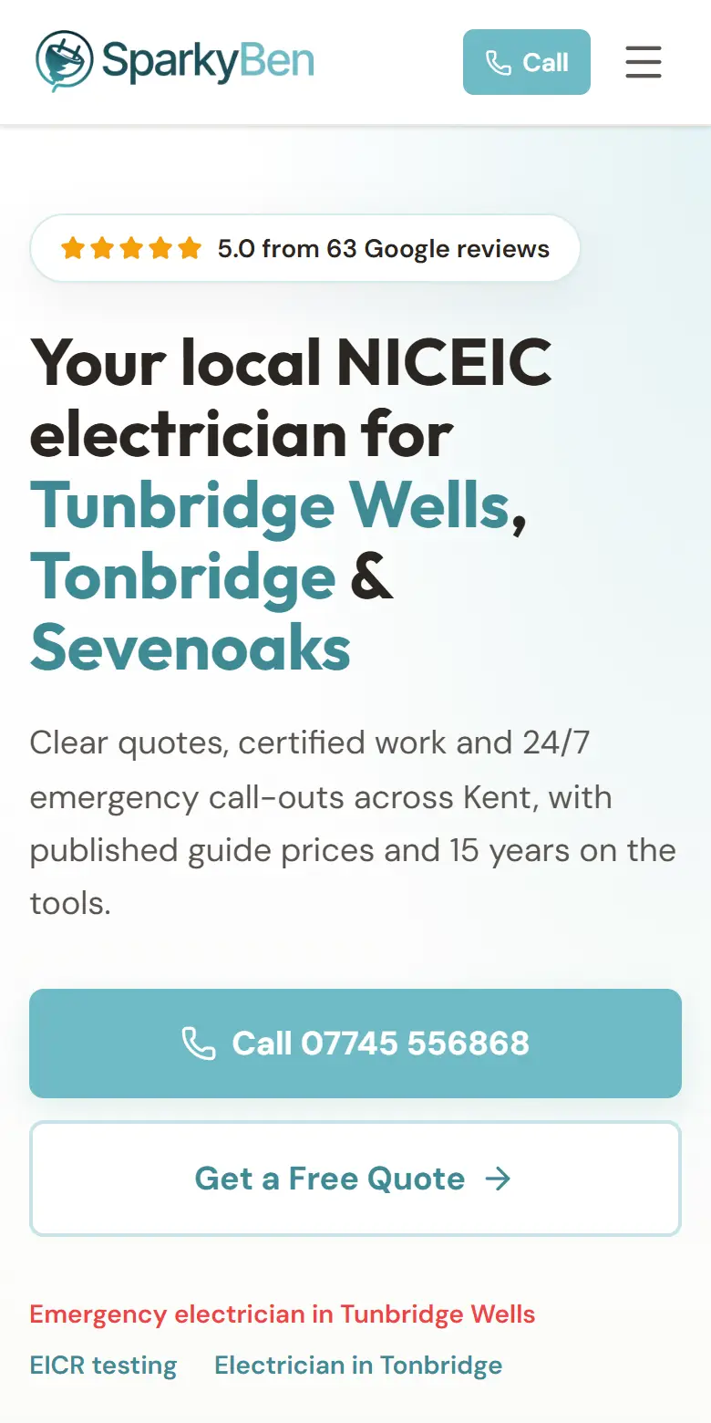 SparkyBen Electrical website on a phone